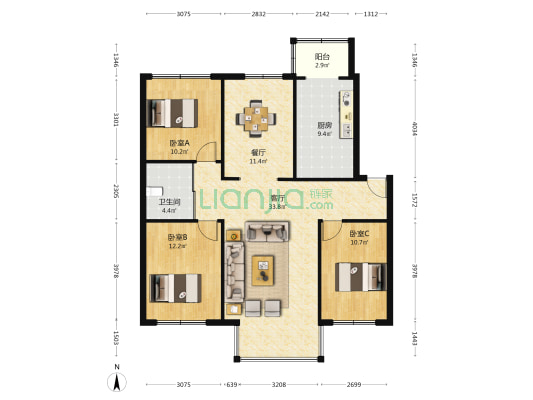 白松小区 3室2厅1卫 122平方