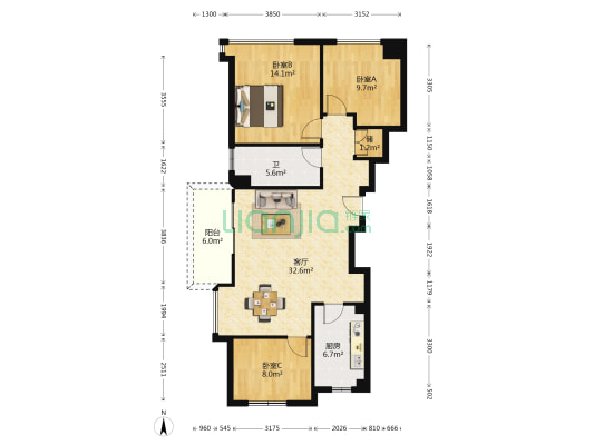 万科翡翠公园 3室1厅1卫 97平方