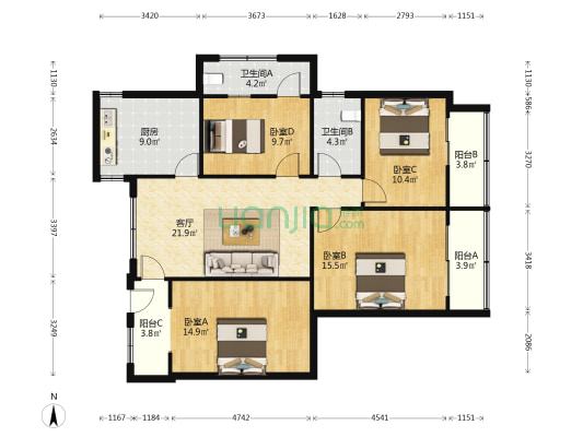 桂香里小区 4室1厅2卫 106平方