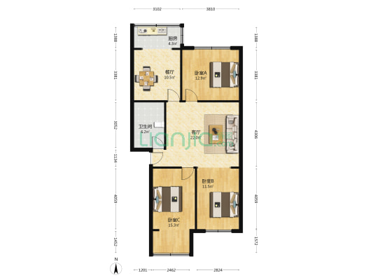 三中宿舍 3室2厅1卫 96平方