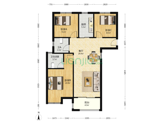 弘阳时光里 3室1厅2卫 110平方