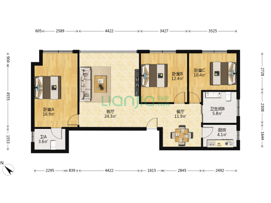 中铁大厦 3室2厅2卫 131平方