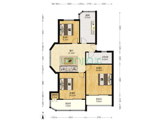 飘鹰花苑 3室1厅1卫 105平方