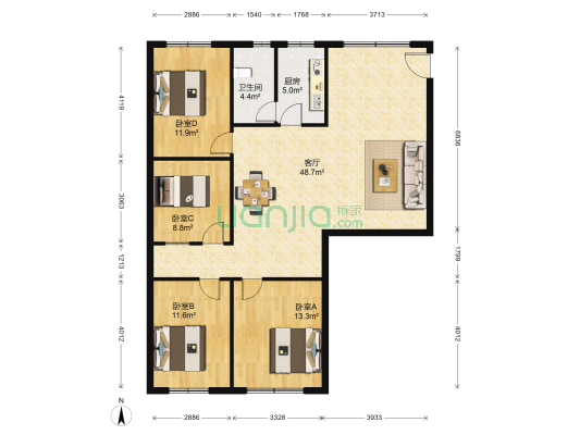 荔乡物业小区 4室1厅1卫 123平方