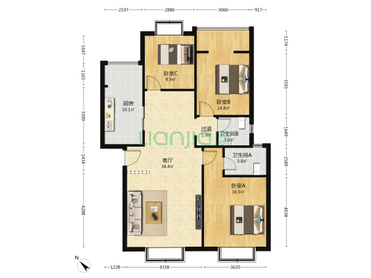 大同安居小区 3室1厅2卫 112平方