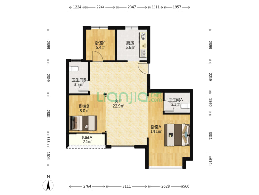 悦汀蓝玉轩 3室1厅2卫 87平方