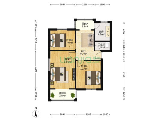 成都体院教师宿舍欣园 3室1厅1卫 63平方