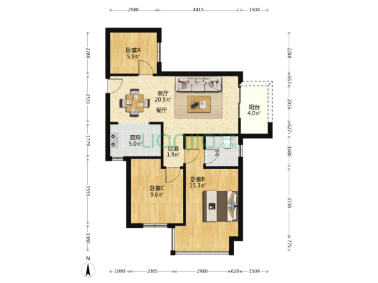 兴港云著鸿运湾 3室1厅1卫 86平方
