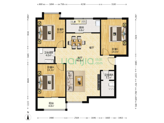 灞电新苑 3室1厅2卫 136平方