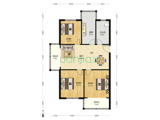 嘉宝公寓 3室1厅1卫 113平方