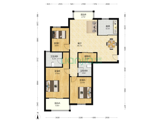 山语银城西区 3室1厅2卫 125平方