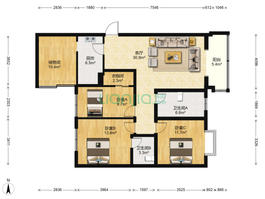 金荷花园C区 3室1厅2卫 107平方