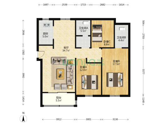 禹洲凤凰府 3室1厅2卫 128平方