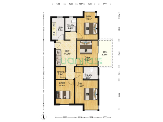 保利中央公园西苑 4室1厅2卫 110平方