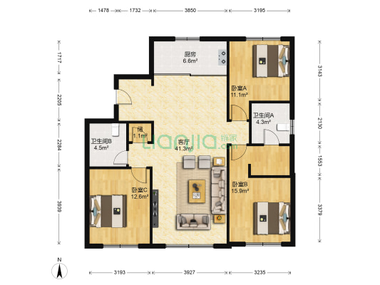 华润置地润府 3室1厅2卫 134平方