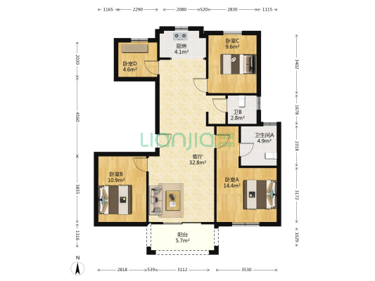 中梁香缇华府 4室1厅2卫 108平方