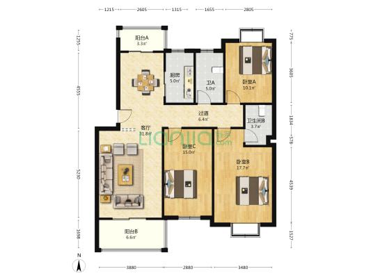锦绣花园 3室1厅2卫 122平方