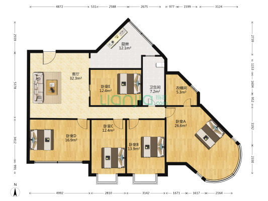 恒生大厦 5室1厅1卫 182平方