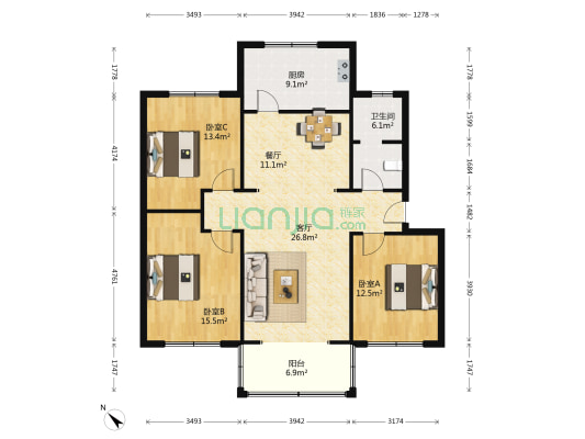 荷塘街98号院 3室2厅1卫 119平方