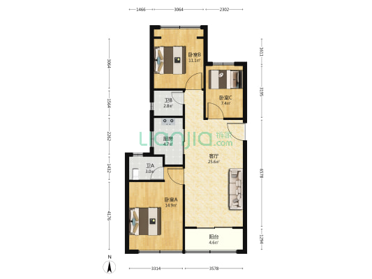 蓝城玉园 3室1厅2卫 106平方