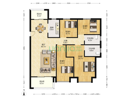 沈宅 4室1厅2卫 121平方