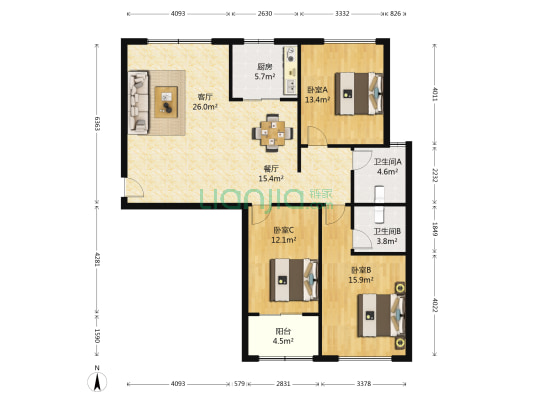 领秀城一期 3室2厅2卫 123平方