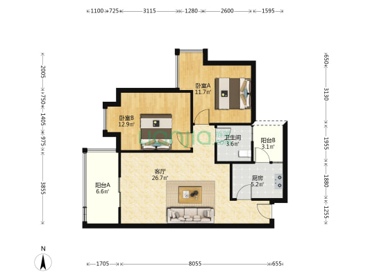 河滨森邻B区 2室1厅1卫 77平方