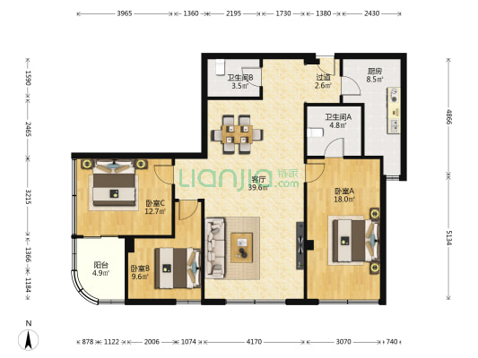 麒麟雅筑 3室1厅2卫 127平方