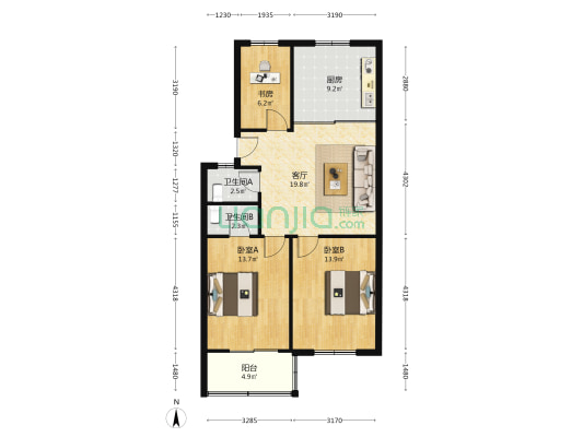 鱼鳞浃小区九组团 3室1厅2卫 88平方