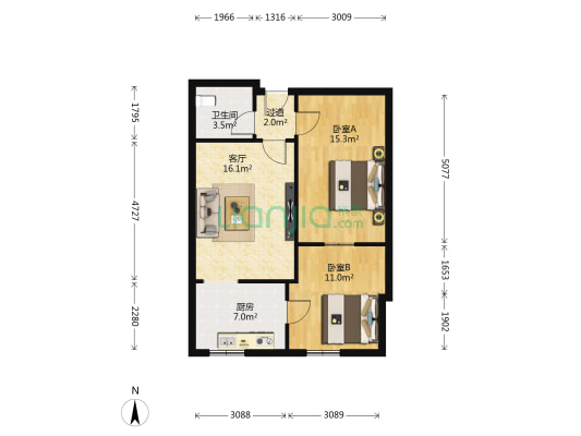 皇城西路1号 2室1厅1卫 58平方