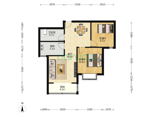 和谐家园 2室1厅1卫 88平方