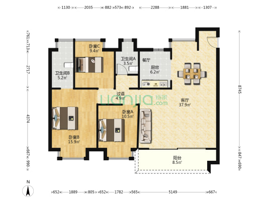 东湖国际 3室1厅2卫 128平方