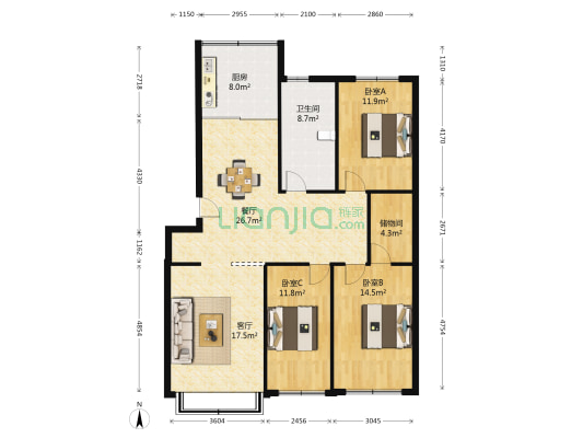 星海花园 3室2厅1卫 127平方