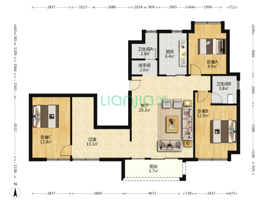上实云端 3室1厅3卫 128平方
