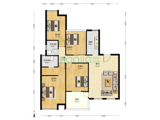 红豆国际北区 4室1厅2卫 146平方