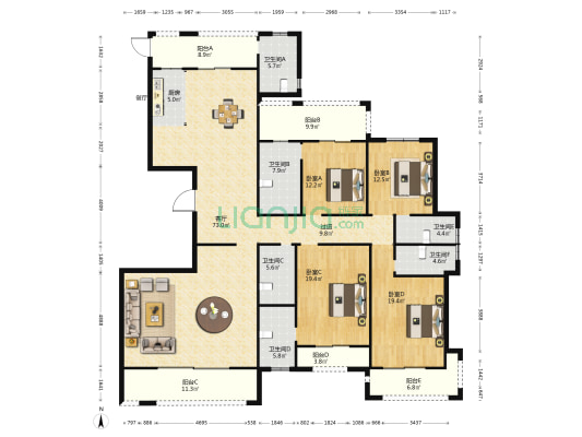 富贵世家二期 4室1厅6卫 267平方