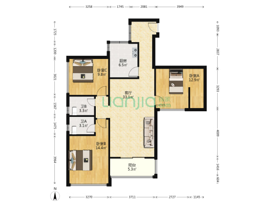 雅庭国际广场 3室1厅2卫 98平方