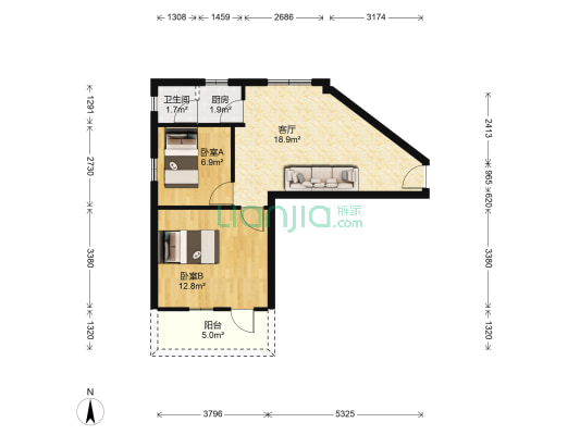 八旗二马路 2室1厅1卫 56平方