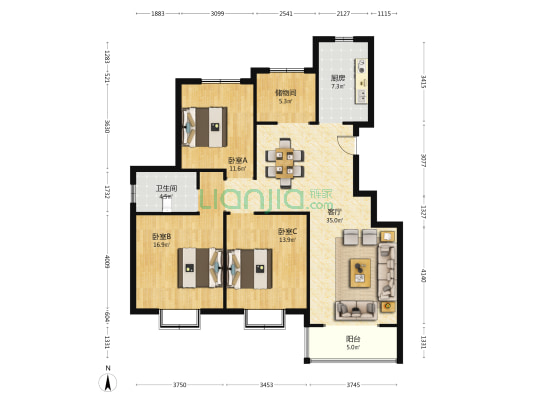 奥林春天 3室1厅1卫 128平方
