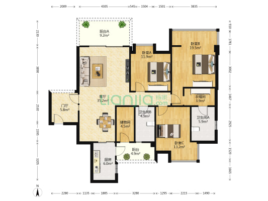 龙湖翠微清波A区 3室1厅2卫 139平方
