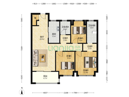 复地明日之城二期(A区) 3室1厅2卫 112平方