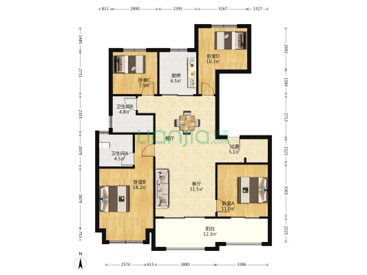 普罗理想国西8苑 4室1厅2卫 141平方