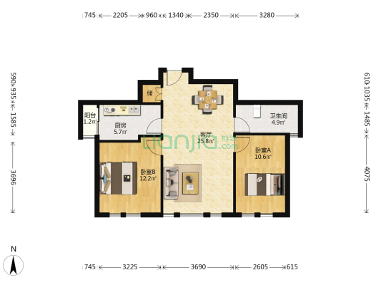 东上海中心 2室1厅1卫 85平方