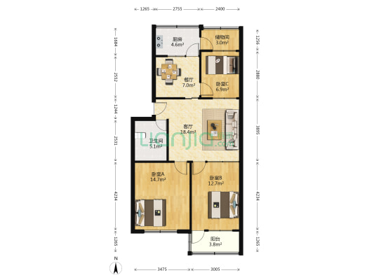潍坊电业局爱国路宿舍区 3室2厅1卫 92平方