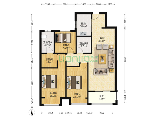 融创•兰园 3室1厅2卫 119平方