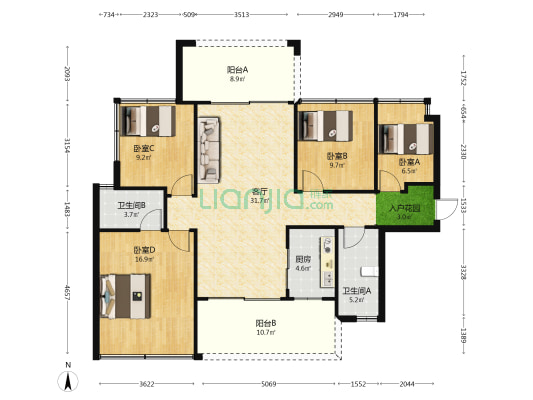 美茵河畔花园 4室1厅2卫 121平方