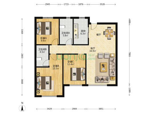 保利天汇 3室1厅2卫 115平方