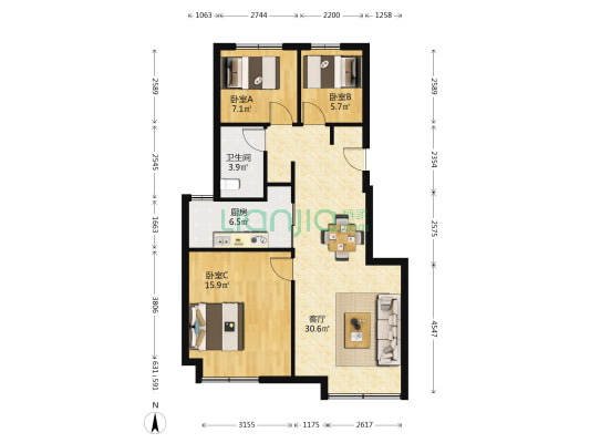 华润置地橡树湾六期 3室1厅1卫 94平方