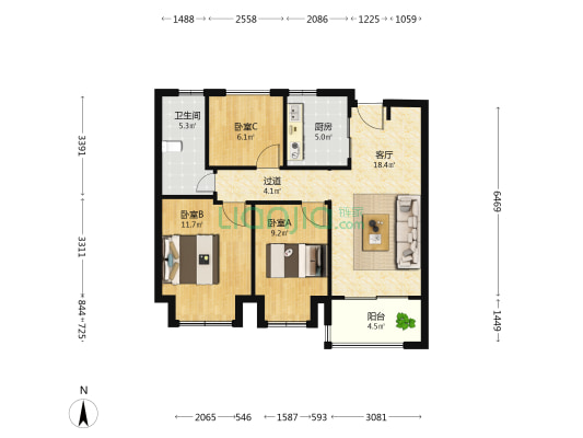 明月璟辰苑 3室1厅1卫 88平方