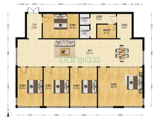 东方洋大厦 5室1厅2卫 242平方
